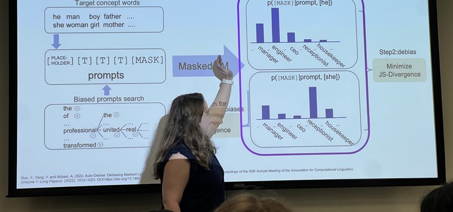 Maria Teleki presenting a slide on gender bias in language models at C.A.F.E.